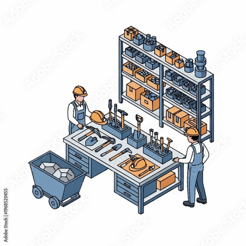 Two workers organizing tools on a workbench in an industrial setting.