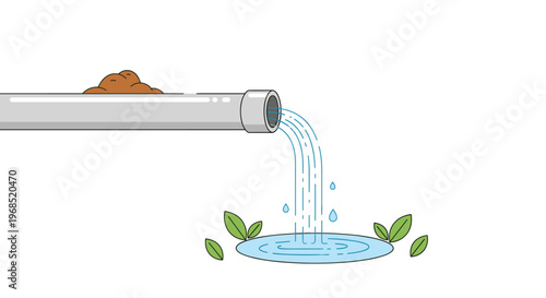A grey pipe with dirt on top is discharging water into a small puddle surrounded by green leaves on a white background.