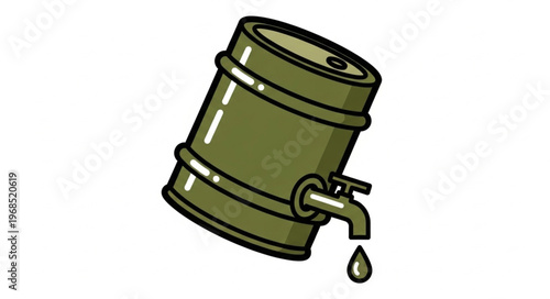 Olive Green Barrel with Spigot Dripping Liquid Illustration.