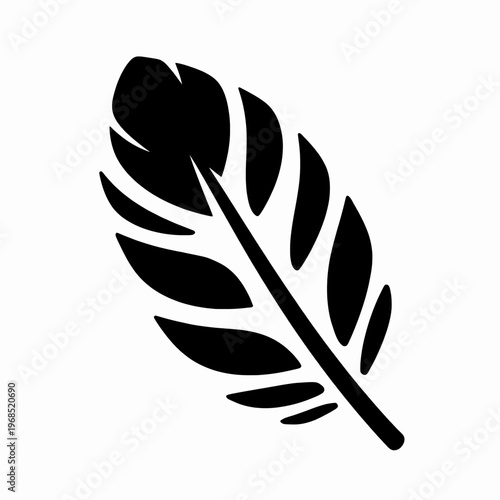 Minimalist feather vector illustration of a single black plume isolated on white background for graphic design and nature concept