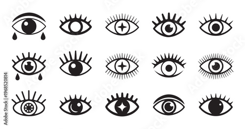Set of mystic eyes, evil eye, open eye, and crying eyes line art vector illustration for tattoo.