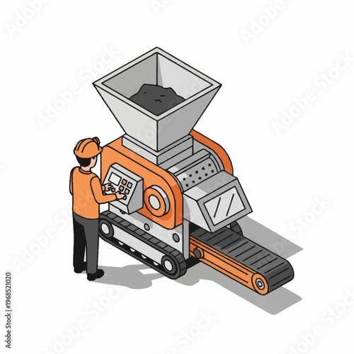Worker operating a mobile crushing machine with conveyor belt.
