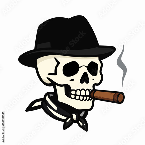 Flat vector illustration of a single stylized outlaw skull character wearing a vintage hat and patterned bandana scarf, smoking a cigar, minimalist black and cream graphic isolated on white.