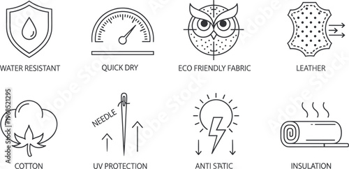 Fabric material properties line icons set including water resistant quick dry eco friendly cotton leather insulation symbols