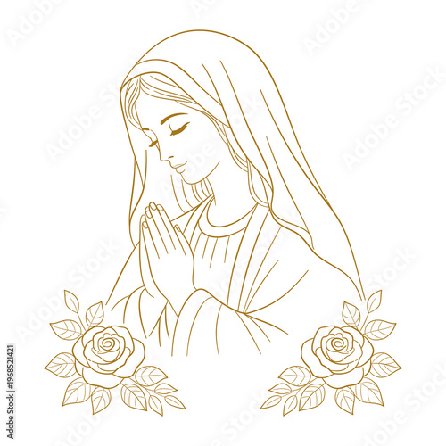 Matka Boska modląca się, ze złożonymi dłońmi i zamkniętymi oczami w skupieniu modlitwy, otoczona różami. Grafika na kartki religijne, dewocjonalia, zaproszenia komunijne i materiały maryjne.