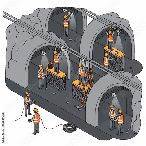 Workers installing infrastructure in a complex underground tunnel system.