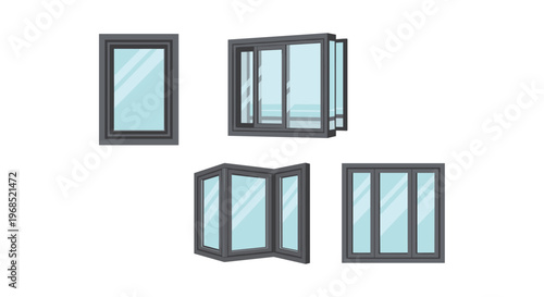 Five distinct window designs with dark grey frames and clear glass are displayed on a white background.