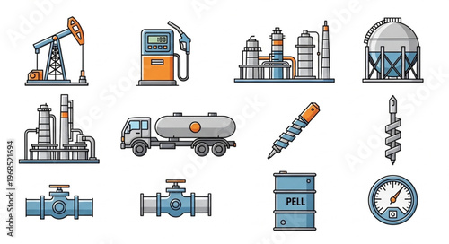 Oil and Gas Industry Icons - Drilling Rig, Gas Pump, Refinery, and More.