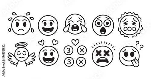 Black outline emoji icons with expressive facial features and decorative elements for modern design.