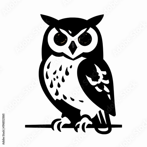Minimalist Black and White Vector Illustration of a Single Great Horned Owl Perched, Bold Stylized Wildlife Graphic with Intricate Feather Patterns and Clean Lines on White Background