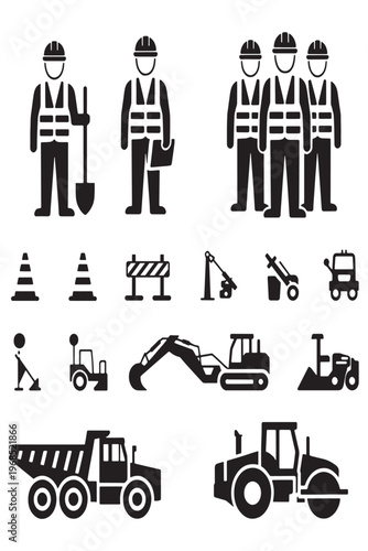 Solid black icons set of construction site elements including industrial workers in safety vests, engineers, excavators, dump trucks, road rollers, traffic cones, and barriers.