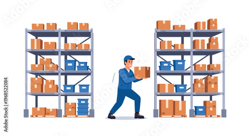 A uniformed male worker is actively carrying a cardboard box between two fully stocked metal shelving units inside a warehouse.