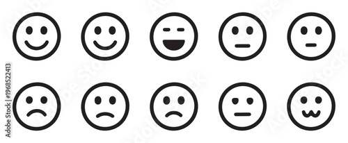 Set of ten smileys with different emotions in flat design for concepts of feedback and mood.