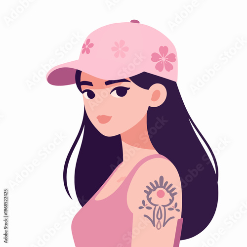 Stylish young adult woman with floral cap and artistic tattoos, flat vector illustration of a cool girl with urban streetwear style, isolated on white background, creative concept for fashion.