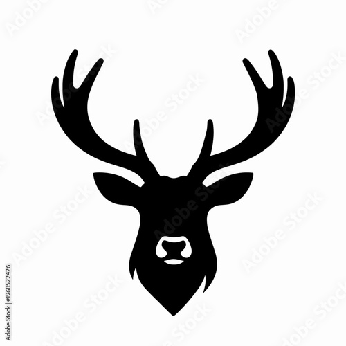Minimalist Black Silhouette of a Majestic Stag Head with Large Antlers, Elegant Deer Buck Icon Isolated on White Background for Hunting, Nature, and Wildlife Conservation Concepts