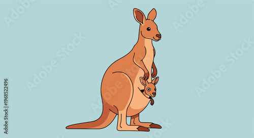 A cartoon illustration of an adult kangaroo with a baby joey inside its pouch