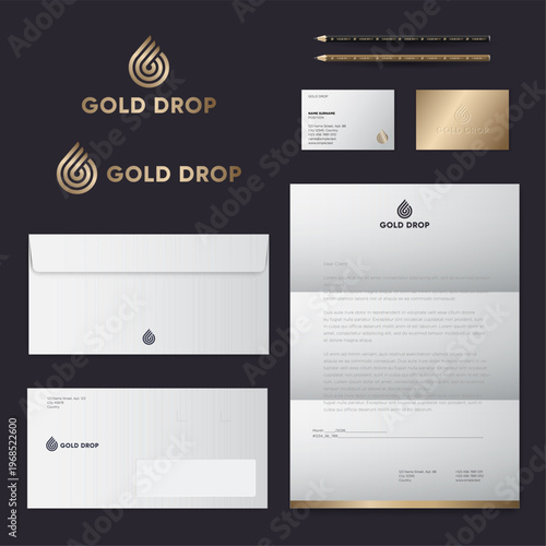 The Golden Drop logo. The Golden Drop consists of several golden lines. Corporate identity includes business cards, envelopes, and letterhead featuring the logo.