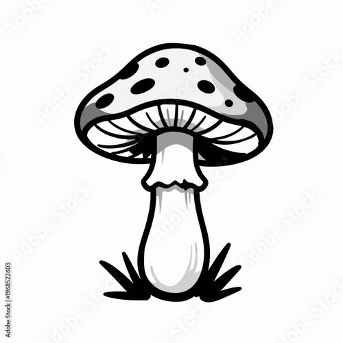 Retro Hand-Drawn Flat Vector Illustration of a Single Psychedelic Spotted Mushroom, Minimalist Black and White Magic Fungi Icon for Creative Concept, Isolated on White Background