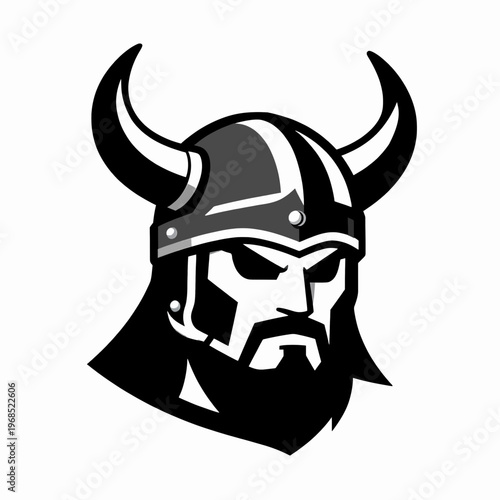 Single fierce White adult male Viking warrior mascot wearing a traditional horned iron helmet, flat vector illustration of a Norse chieftain head isolated on white background, strength concept