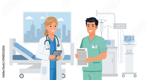 A doctor and a nurse stand in a hospital room discussing medical patient charts