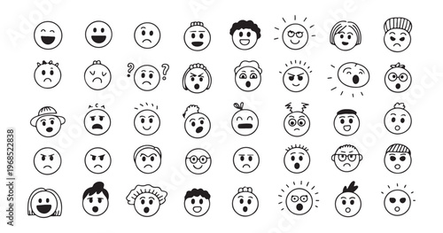 Huge collection of hand-drawn cartoon emoticons showing variety of different human emotions.