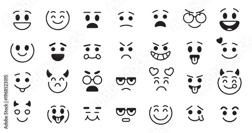 Large set of various linear emoji icons expressing wide range of human emotions and feelings.