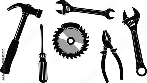 Black silhouette construction tools, hammer adjustable wrench saw screwdriver pliers blade icons, mechanical repair maintenance carpenter engineering hardware vector illustration set