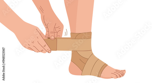 A pair of hands is diligently applying a beige elastic bandage around a bare ankle and foot.