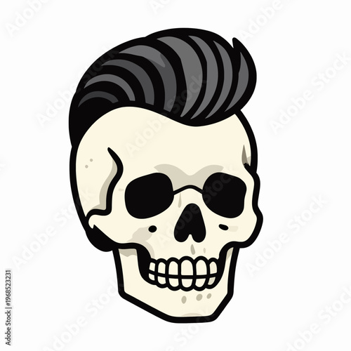 Vintage Rockabilly Skull with Pompadour Hairstyle, Flat Vector Illustration of a Retro Music Subculture Mascot, Edgy Underground Rock and Roll Graphic, Isolated on White Background