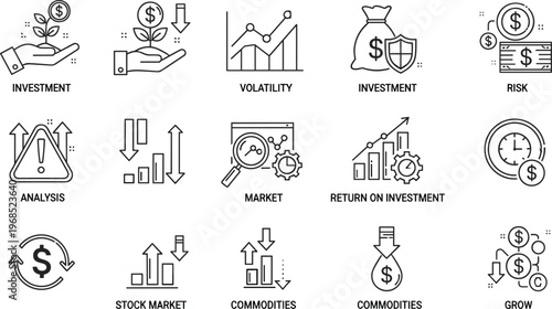Finance investment outline icon set featuring stock market analysis volatility risk commodities growth trading and financial strategy concepts