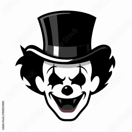 Sinister Male Evil Clown with Top Hat and Grinning Expression, Black and White Vector Illustration, Spooky Character Design for Halloween and Horror Concepts, Isolated Adult Man Jester