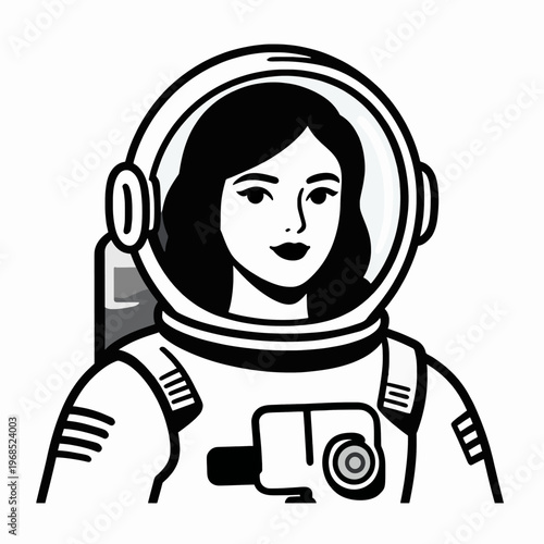 Beautiful young White woman astronaut in vintage sci-fi space suit and bubble helmet, confident female explorer in retro flat vector style, isolated on white background for science fiction concept.