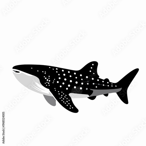 Minimalist flat vector illustration of a single whale shark swimming, aquatic marine life silhouette with white spotted pattern, isolated on white background, ocean wildlife concept.