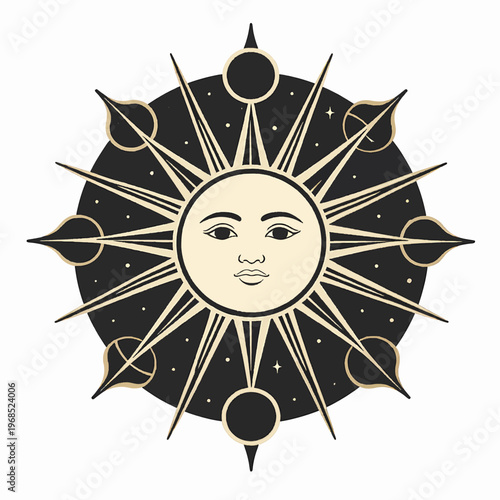 Mystical Celestial Sun Vector Illustration with Human Face and Moon Phases, Occult Gold Line Art on Dark Background, Spiritual Astronomy Concept for Tarot and Astrology, Adult Non-binary Aesthetic