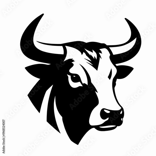Strong Black and White Bull Head Vector Illustration, Powerful Male Bovine Silhouette Isolated on White, Minimalist Animal Portrait Mascot for Agriculture and Strength Concept, Adult Bull.