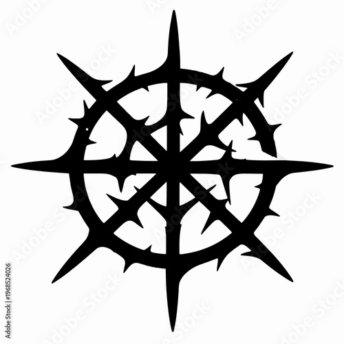 Symmetrical Black Tribal Sigil Vector Illustration, Dark Gothic Sharp Thorny Graphic Element for Metal Music Branding, Underground Hardcore Aesthetic Design Isolated on White Background