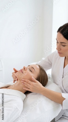 Cosmetologist performing facial massage on woman in spa clinic. Professional esthetician providing skin treatment procedure for beauty care. Wellness rejuvenation and skincare session.