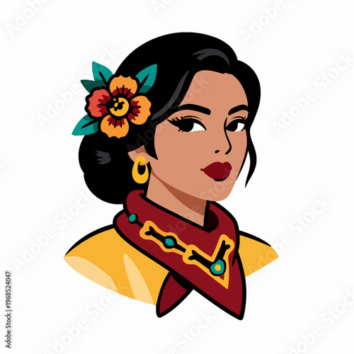 Beautiful Hispanic woman wearing a traditional bandana and roses, smiling adult female in a classic tattoo aesthetic, flat vector illustration, isolated on white background, colorful portrait.