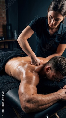 Woman massage therapist performing deep tissue back massage on muscular man. Physical therapy session and muscle recovery treatment for athlete. Healthcare body wellness professional service.