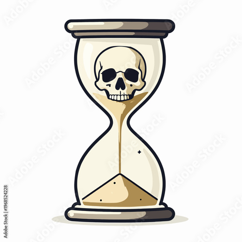 Gothic flat vector illustration of a single mystical hourglass containing a human skull, representing the concept of memento mori and the passage of time, isolated on a white background.