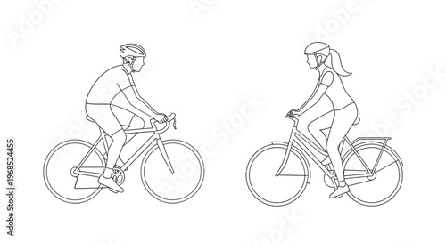 Line drawing depicting a man and woman riding bicycles facing each other