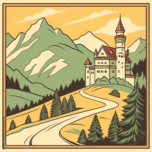 Castle on hilltop with mountain backdrop