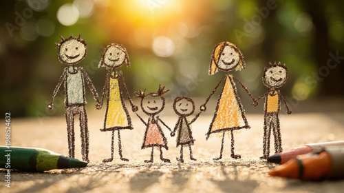 Crayon drawing family bonding outdoor sunlight happiness, hand drawn parents children holding hands on ground with warm summer glow