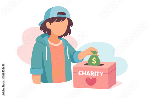 Young person donating money to charity box illustration.