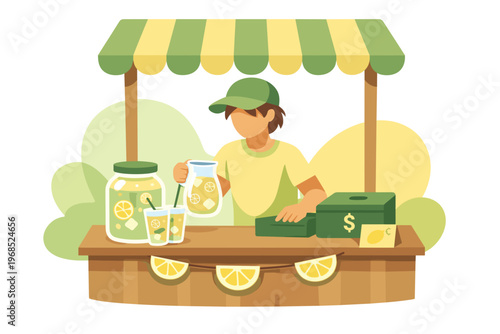 Young person selling lemonade at a street stand.