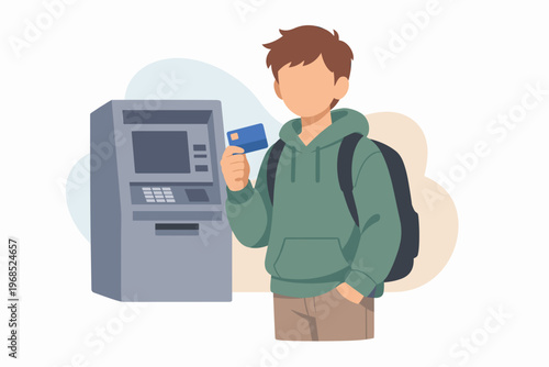 Young man with backpack using ATM machine with credit card.
