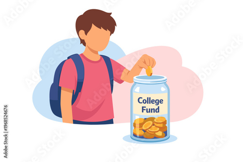 Young student saving money in a college fund jar.