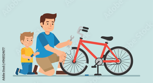 A man and a young boy working together to repair a red bicycle on the ground