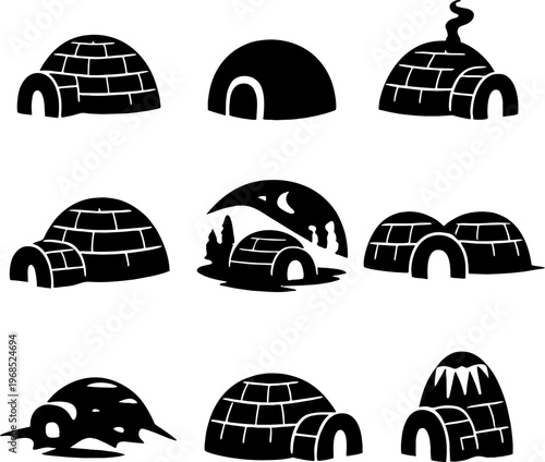 black and white igloo vector icons set