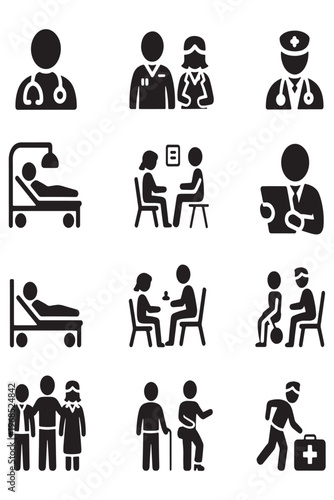 Health and medical icon set featuring doctor characters, patient consultation, hospital bed, and elderly care, solid style vector illustration.